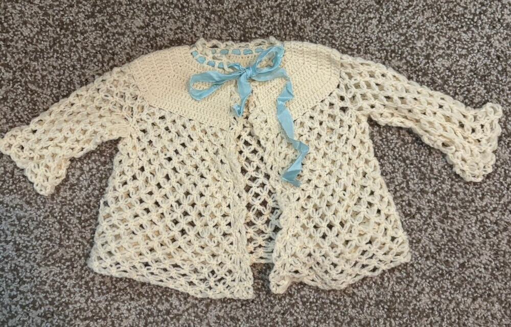 VTG Crochet Baby or Doll Sweater Cardigan Cover Blue Ribbon